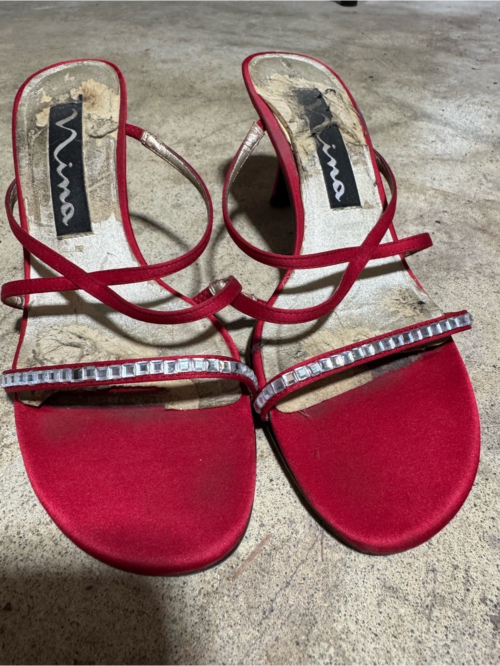 Nina Red Satin Strappy Heels with Crystal Band